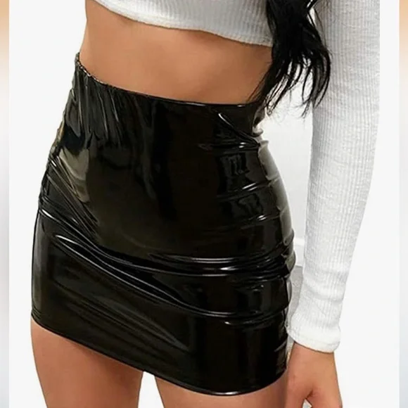 Patent leather vinyl shiny high waist mini skirt pinup retro rockabilly dollbaby - Picture 2 of 3